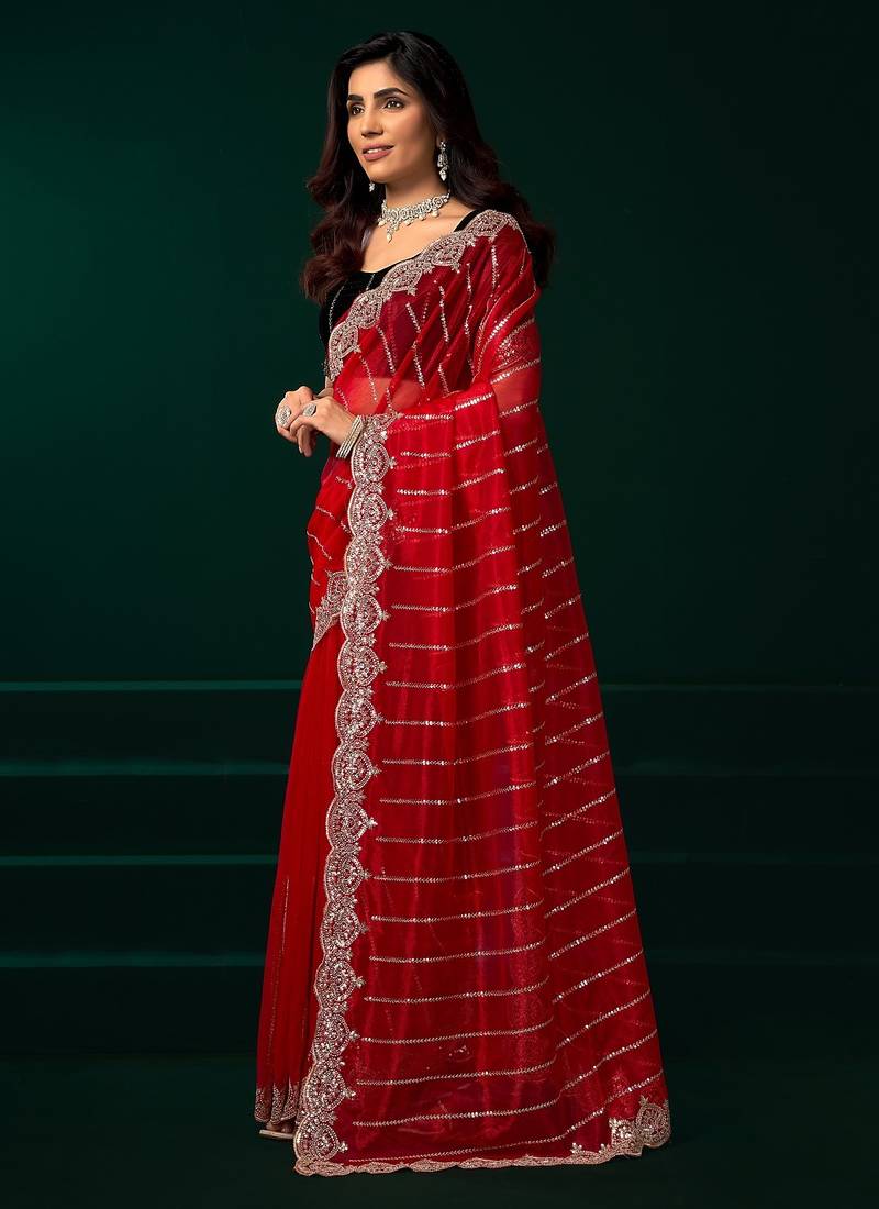 Red thread work net party wear saree with velvet blouse