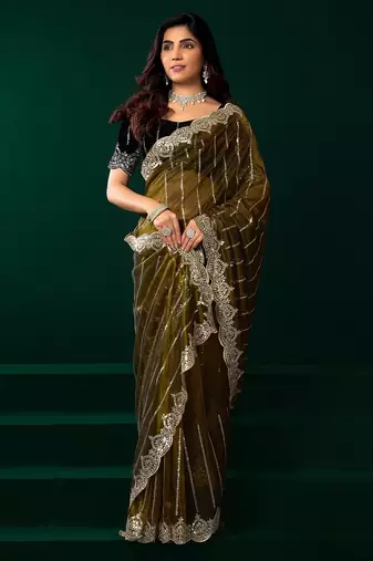Green thread work net party wear saree with velvet blouse