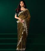 Green thread work net party wear saree with velvet blouse