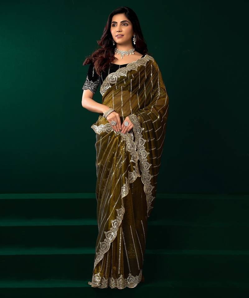 Green thread work net party wear saree with velvet blouse