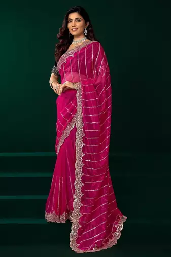 Pink thread work net party wear saree with velvet blouse