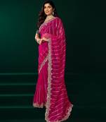 Pink thread work net party wear saree with velvet blouse