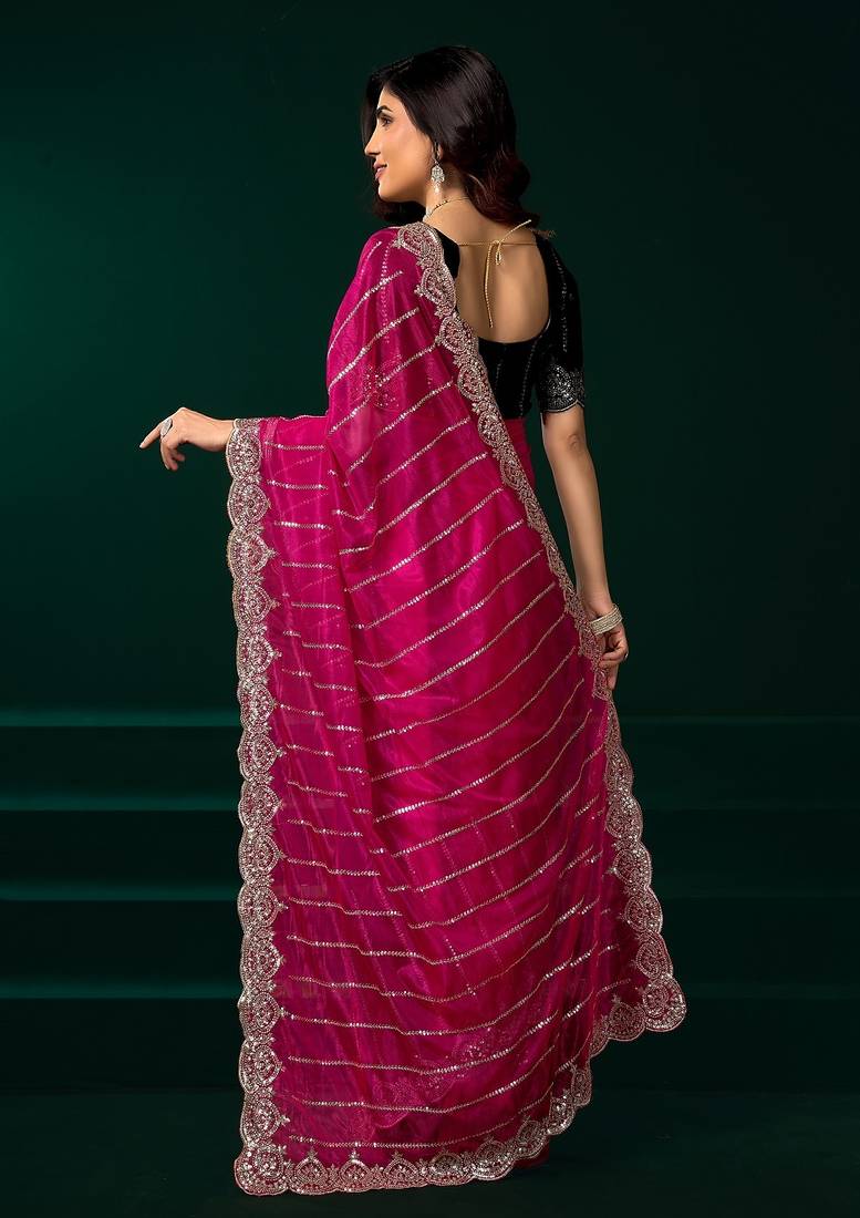 Pink thread work net party wear saree with velvet blouse