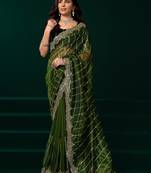 Green thread work net party wear saree with velvet blouse