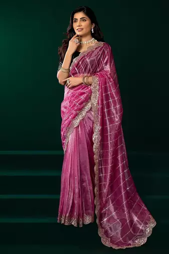 Pink thread work net party wear saree with velvet blouse