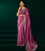 Pink thread work net party wear saree with velvet blouse