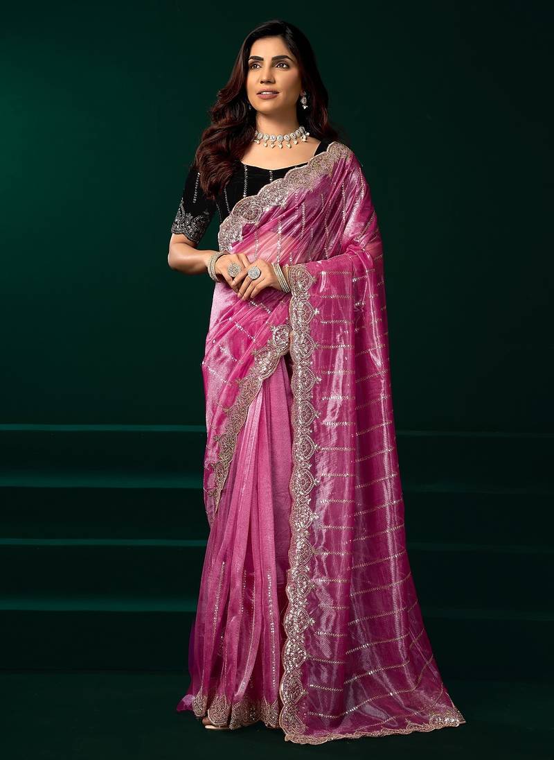 Pink thread work net party wear saree with velvet blouse