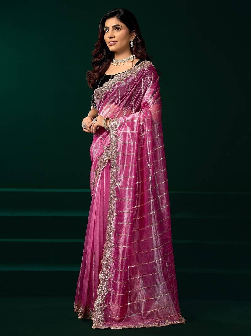 Pink thread work net party wear saree with velvet blouse
