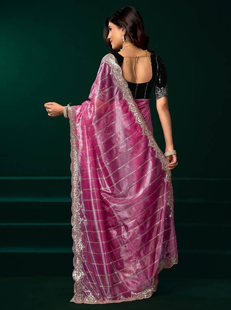 Pink thread work net party wear saree with velvet blouse