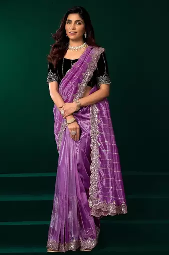 Purple thread work net party wear saree with velvet blouse