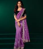 Purple thread work net party wear saree with velvet blouse
