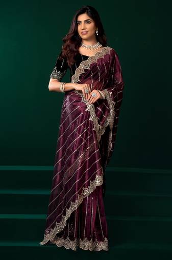 Wine thread work net party wear saree with velvet blouse