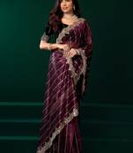 Wine thread work net party wear saree with velvet blouse