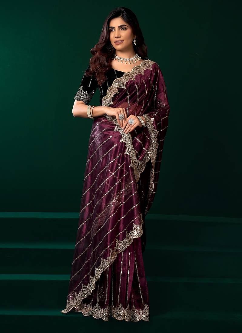 Wine thread work net party wear saree with velvet blouse