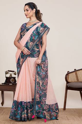 Peach printed linen designer saree with blouse