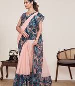 Peach printed linen designer saree with blouse