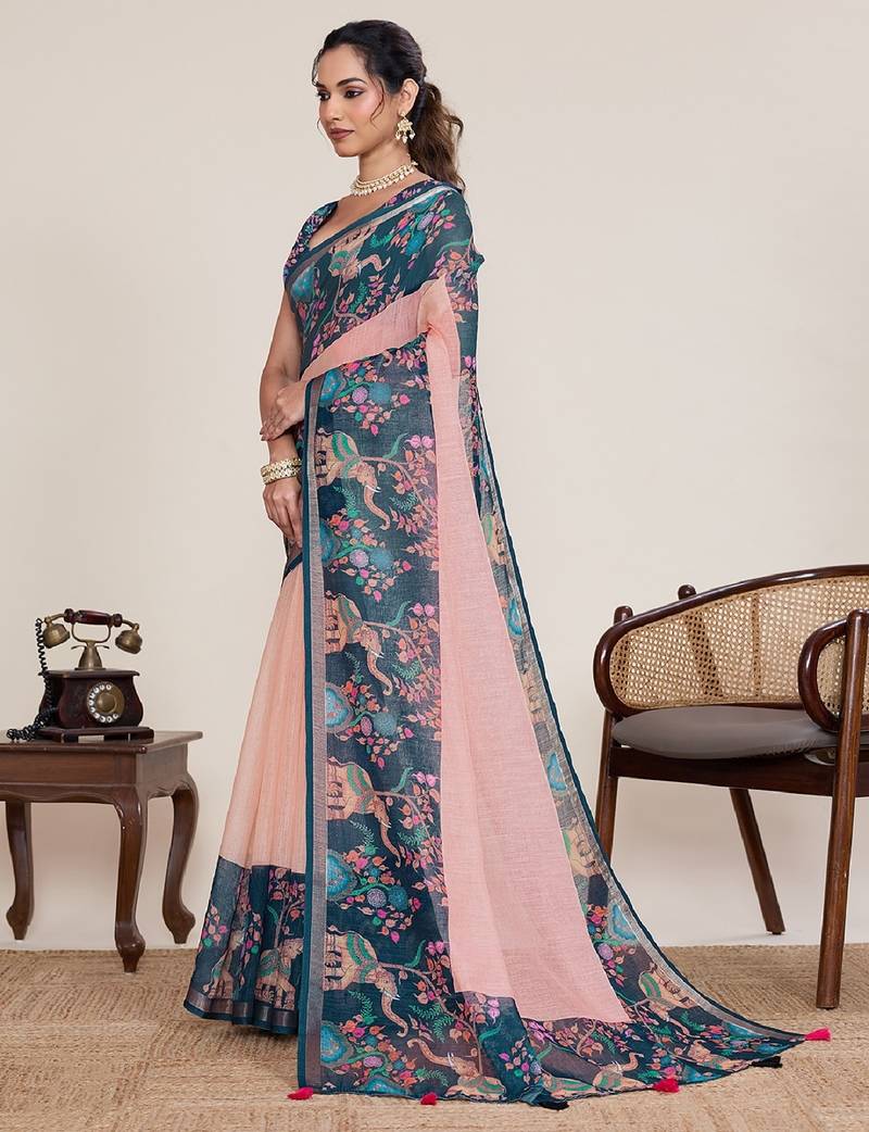 Peach printed linen designer saree with blouse