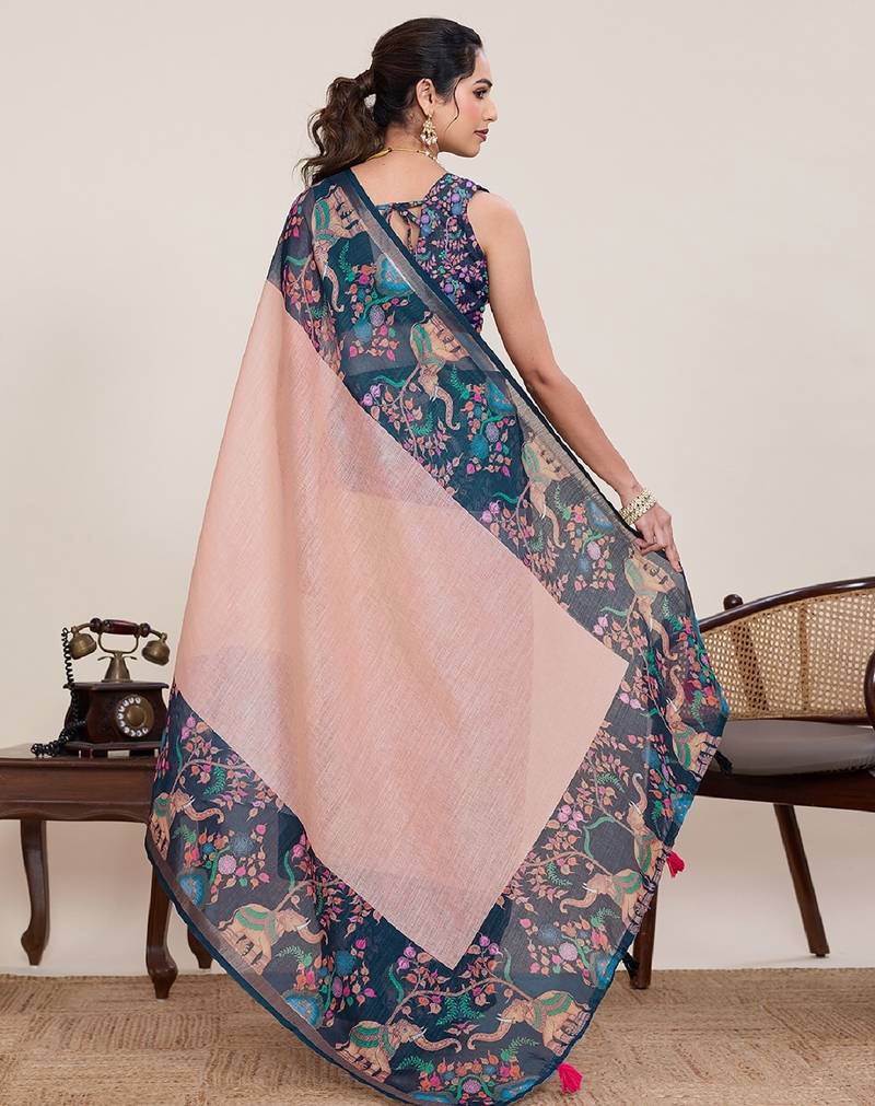 Peach printed linen designer saree with blouse