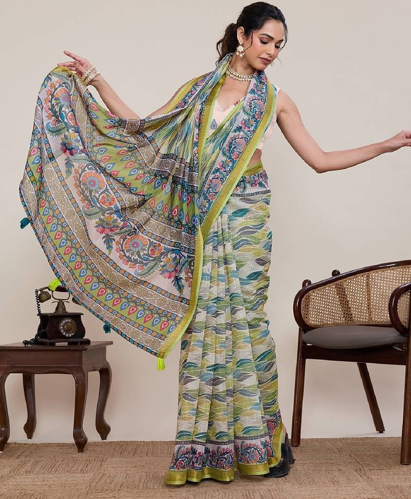 Multi colour printed linen designer saree with blouse