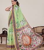 Light green printed linen designer saree with blouse