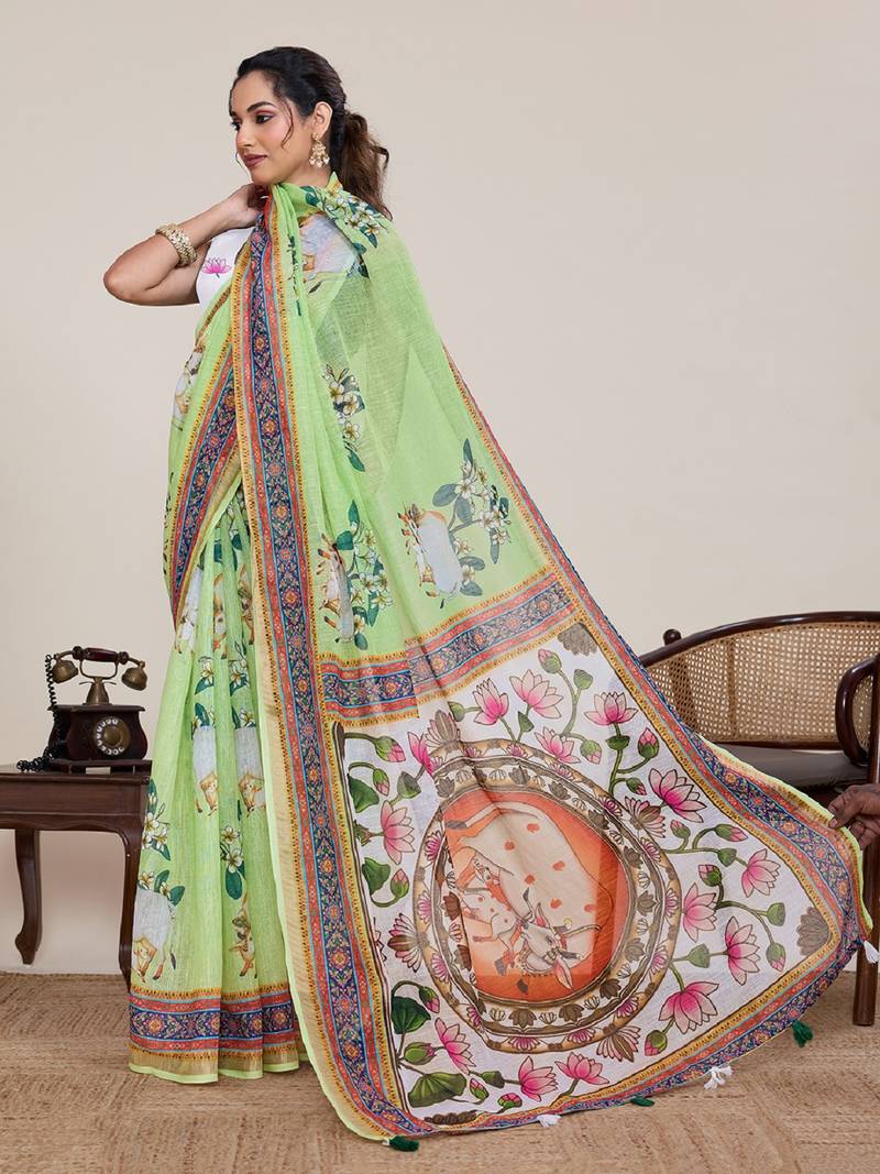 Light green printed linen designer saree with blouse