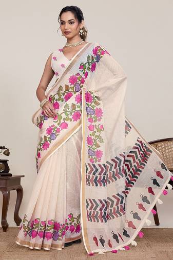 Cream printed linen designer saree with blouse