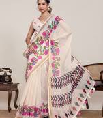 Cream printed linen designer saree with blouse