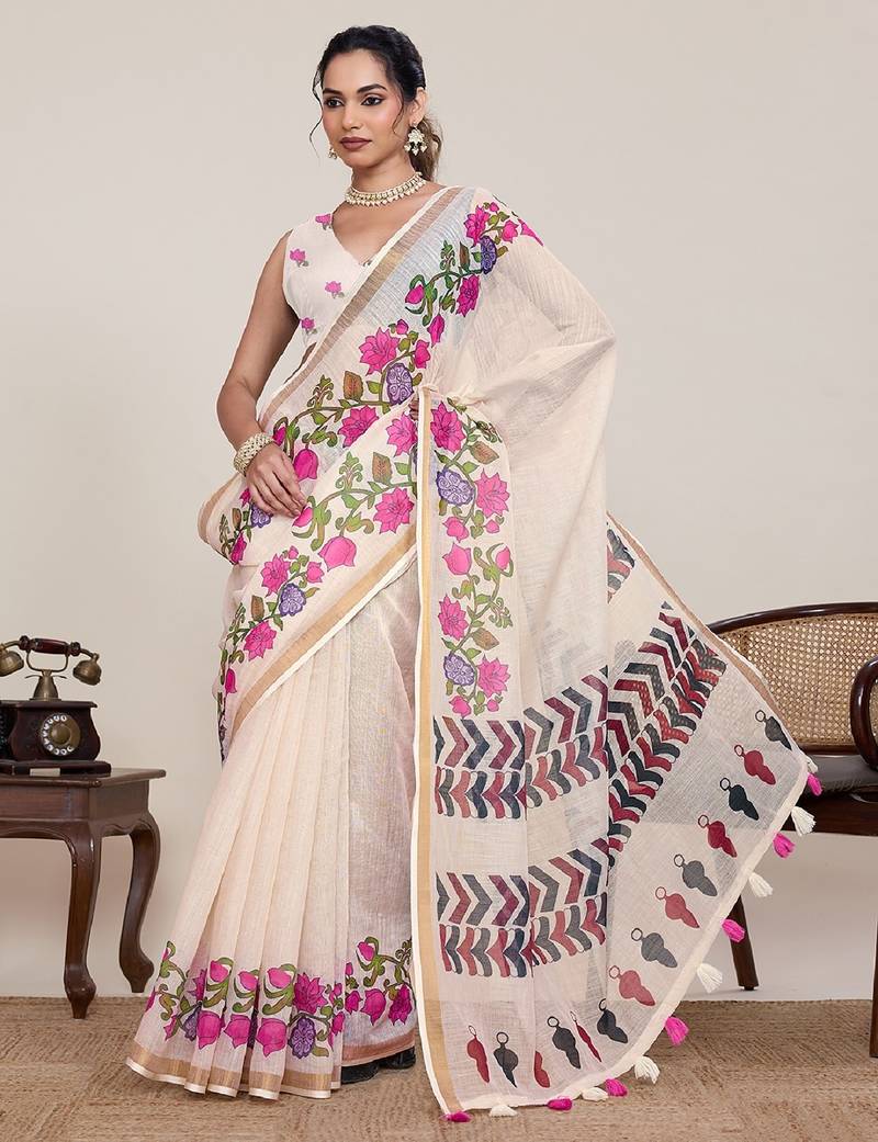 Cream printed linen designer saree with blouse