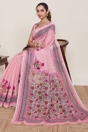 Pink printed linen designer saree with blouse