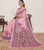 Pink printed linen designer saree with blouse