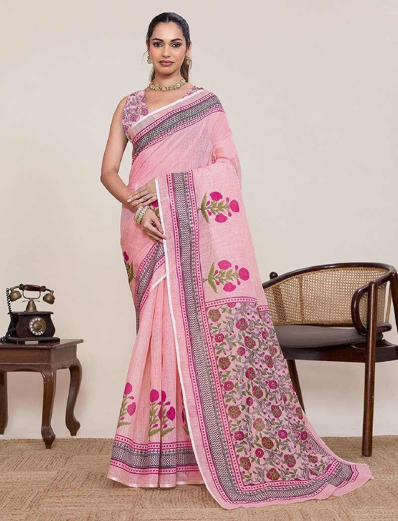 Pink printed linen designer saree with blouse