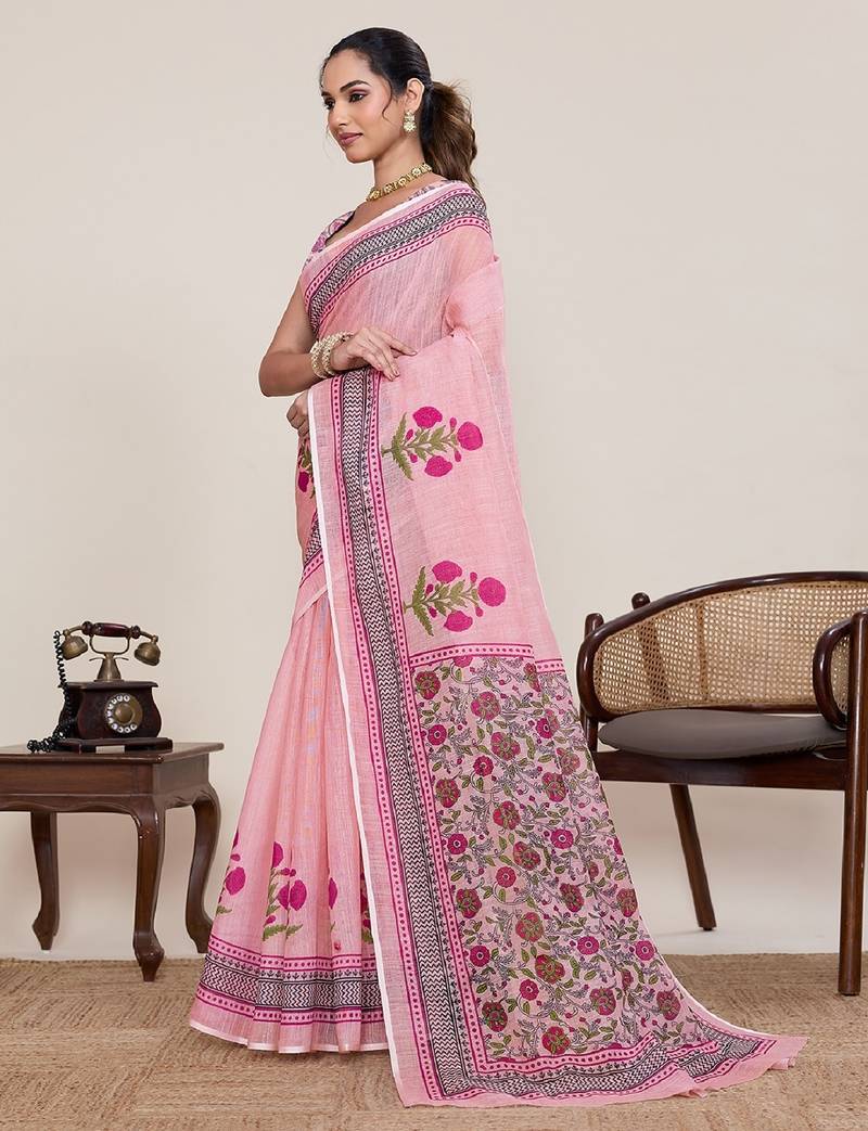 Pink printed linen designer saree with blouse