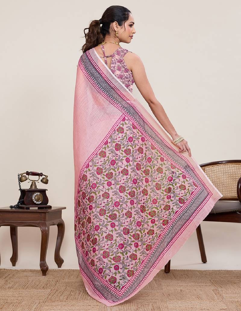Pink printed linen designer saree with blouse