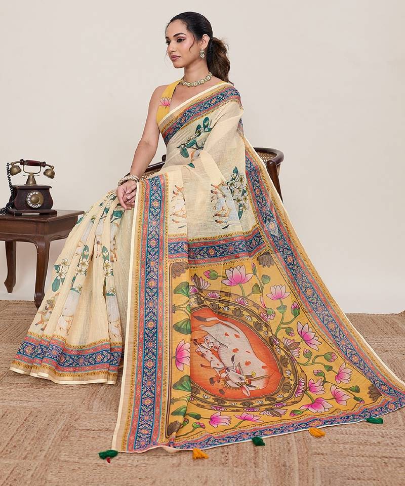 Yellow printed linen designer saree with blouse