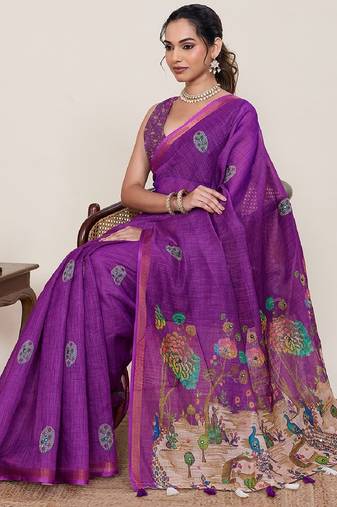 Purple printed linen designer saree with blouse