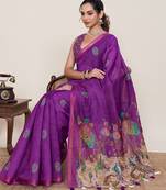 Purple printed linen designer saree with blouse