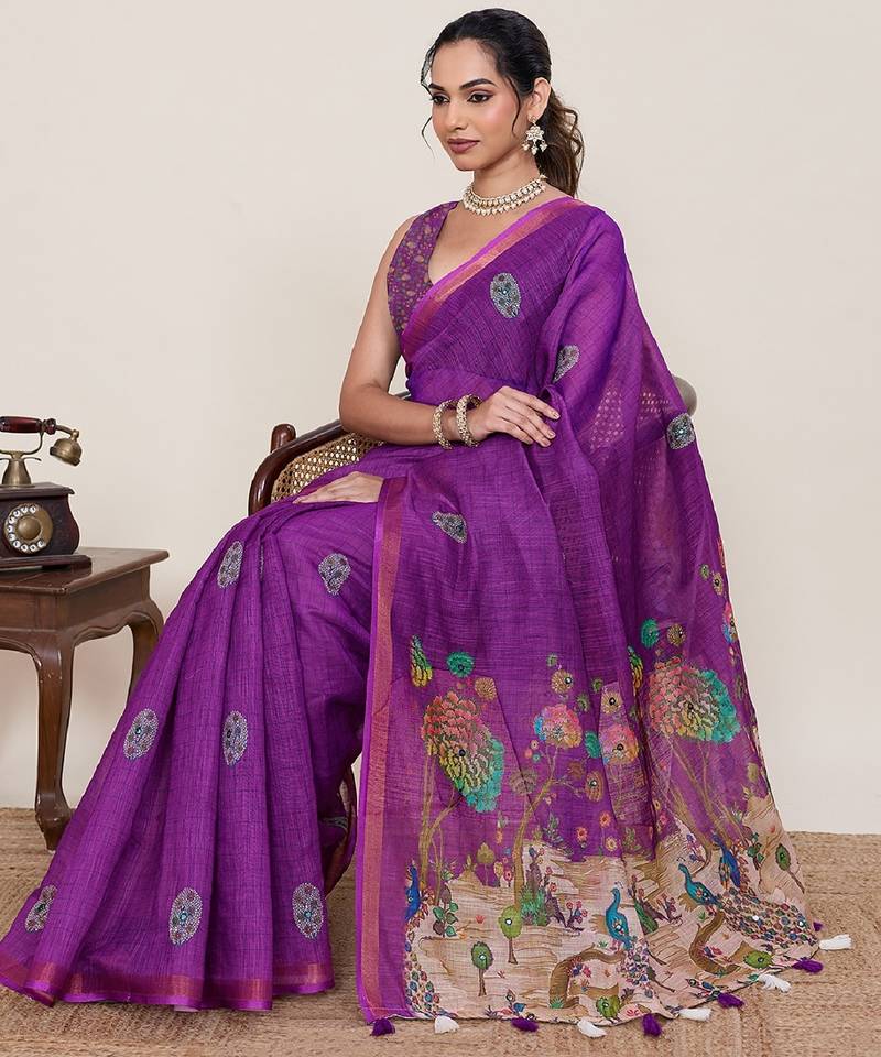 Purple printed linen designer saree with blouse