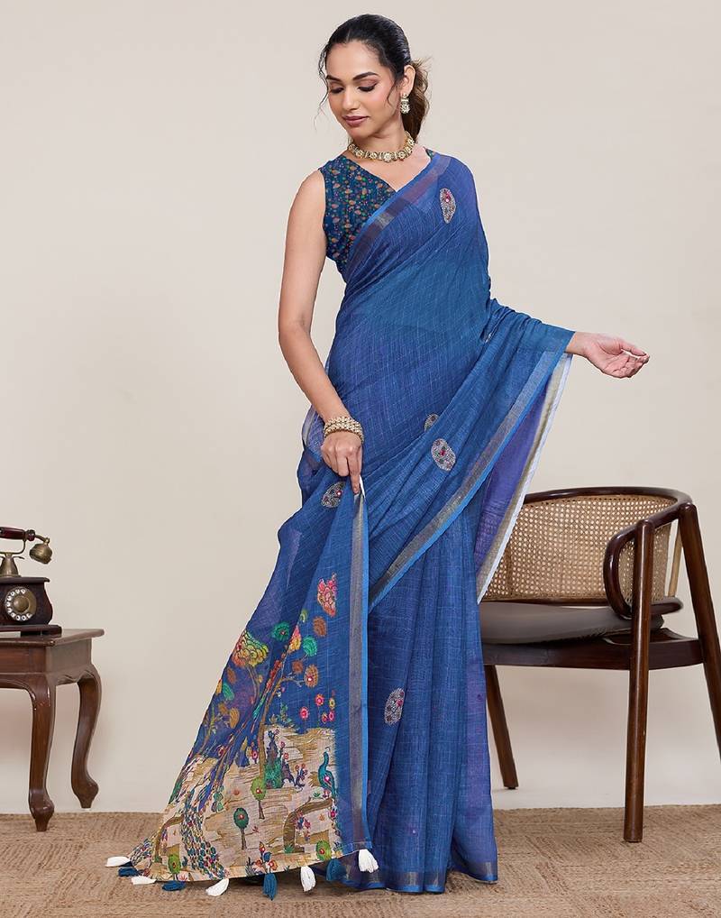 Blue printed linen designer saree with blouse