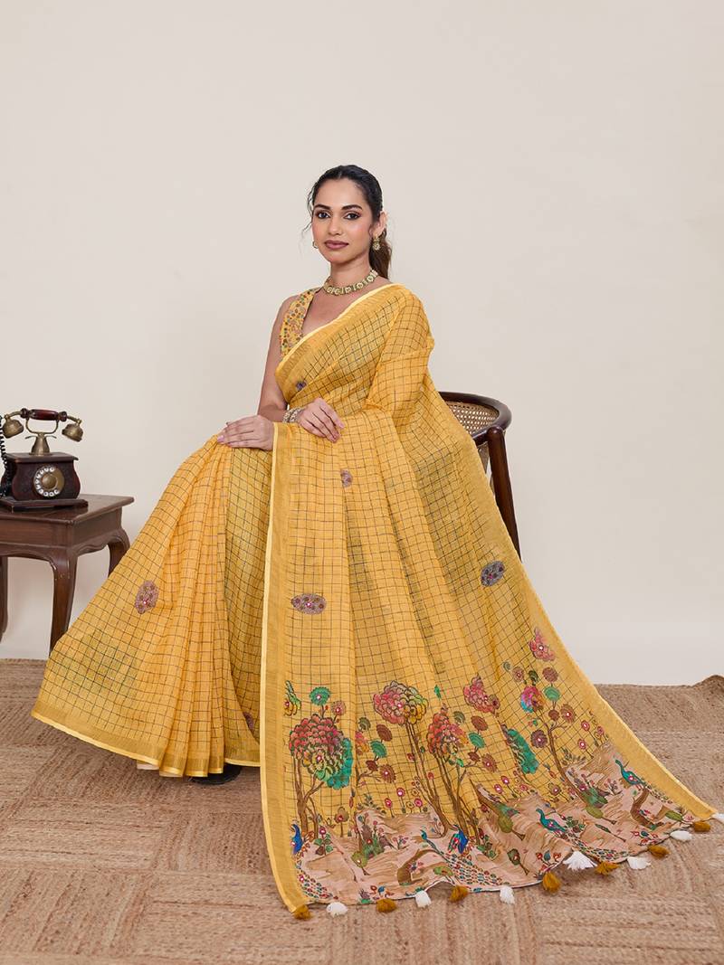 Yellow printed linen designer saree with blouse