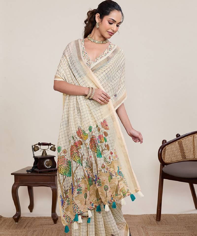 Cream printed linen designer saree with blouse