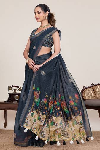 Navy blue printed linen designer saree with blouse