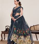 Navy blue printed linen designer saree with blouse