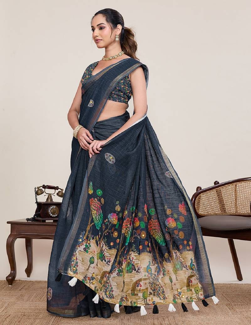 Navy blue printed linen designer saree with blouse