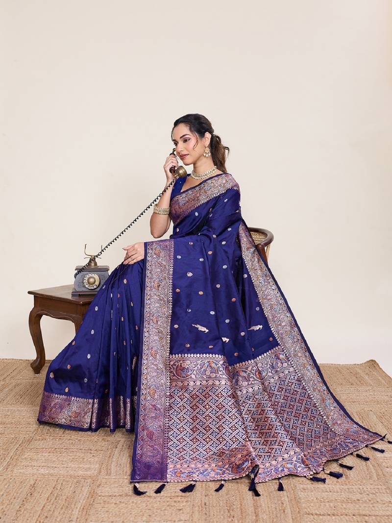 Blue zari weaving pure jacquard banarasi silk saree – women’s designer saree collection with blouse
