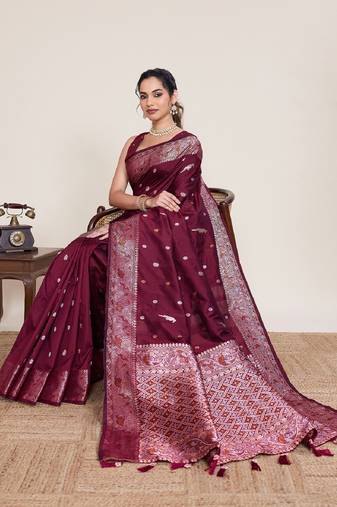 Maroon zari weaving pure jacquard banarasi silk saree – women’s designer saree collection with blouse