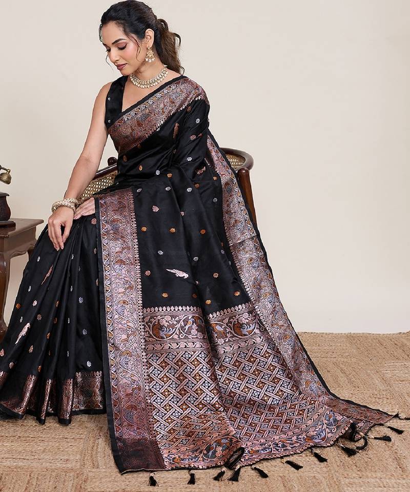 Black zari weaving pure jacquard banarasi silk saree – women’s designer saree collection with blouse