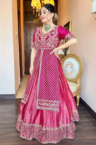 PINK CHINON  SILK PARTY WEAR EMBROIDERY CROP TOP  WITH BLOUSE LEHENGA CHOLI