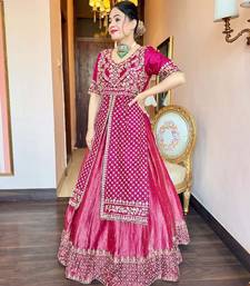 PINK CHINON  SILK PARTY WEAR EMBROIDERY CROP TOP  WITH BLOUSE LEHENGA CHOLI