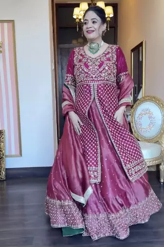 PINK CHINON  SILK PARTY WEAR EMBROIDERY CROP TOP  WITH BLOUSE LEHENGA CHOLI