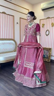 PINK CHINON  SILK PARTY WEAR EMBROIDERY CROP TOP  WITH BLOUSE LEHENGA CHOLI 4